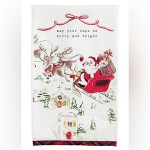 NWT Mudpie May Your Day Be Merry & Bright Santa Sleigh Printed Kitchen Towel